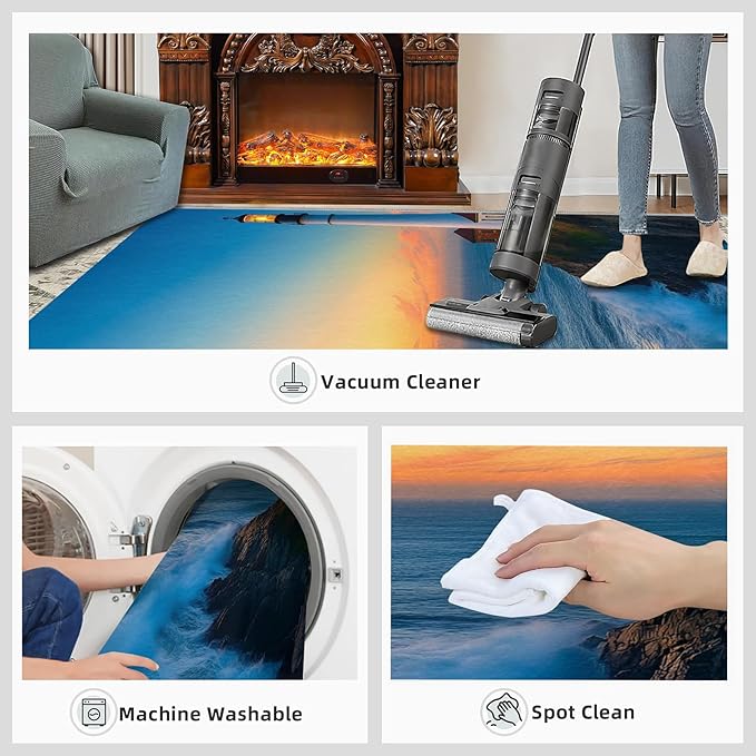 Coastal Rugs for Bedroom - 5x8 Area Rug - Ocean Lighthouse Rugs for Living Room, Sunset Ocean Scenery Rug, Non-Slip Washable Home Decor Carpet