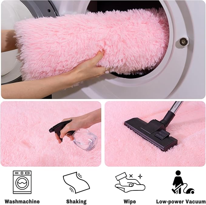 Soft Fluffy Area Rug for Bedroom, Pink Fuzzy Shaggy Oval Throw Rugs for Bedside, Non-Slip Cozy Plush Shag Carpet for Girls Kids Room Dorm Nursery Living Room, 2.6 x 5.3 Feet