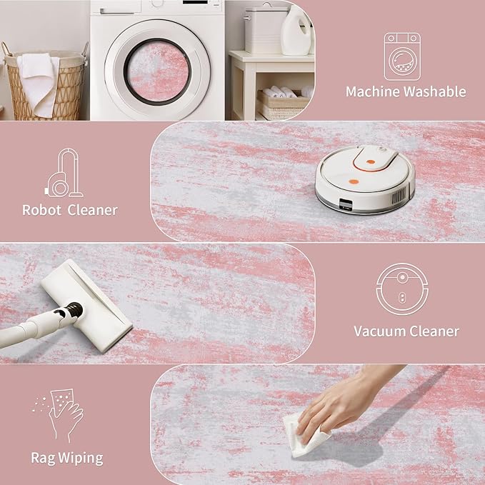 Ciicool 2x6 Washable Runner Rug, Modern Abstract Hallway Rugs Runner, Non-Slip Thin Accent Rug Lightweight Pink Gray Print Distressed Carpet for Laundry Entryway Bedroom Kitchen Indoor