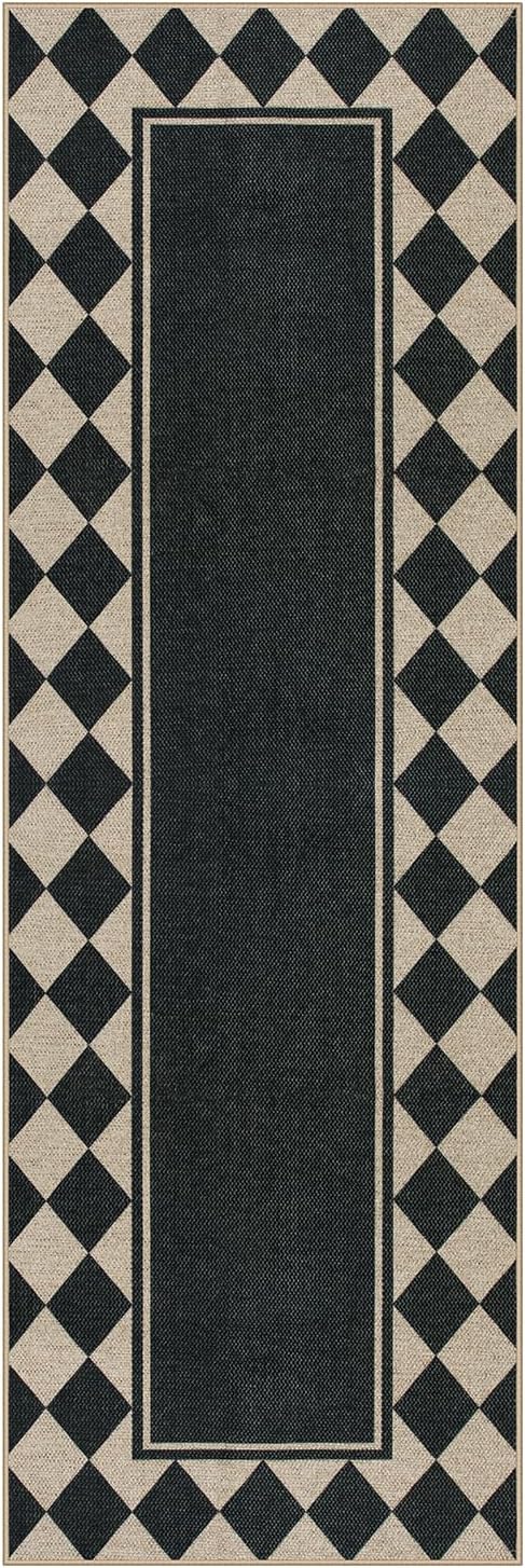 Moynesa Easy Jute Hallways Runner Rugs Washable 2x6 Entryway Rug Runners for Kitchen Black Checkered Indoor Outdoor Carpet for Entryway Patio, Diamond Grid Mat for Bathroom Bedroom Laundry