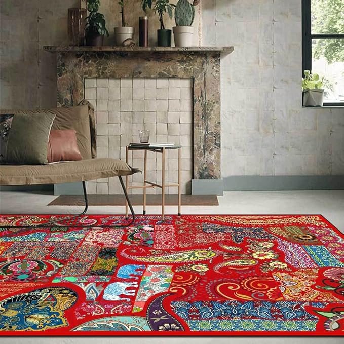 Vintage Boho Area Rugs Multicolor Ethnic Style Geometric Splicing Carpets Bedroom Living Room Kitchen Floor Mats Indoor Outdoor Non-Shedding Runner Rug Home Décor Carpet 4' X 9'