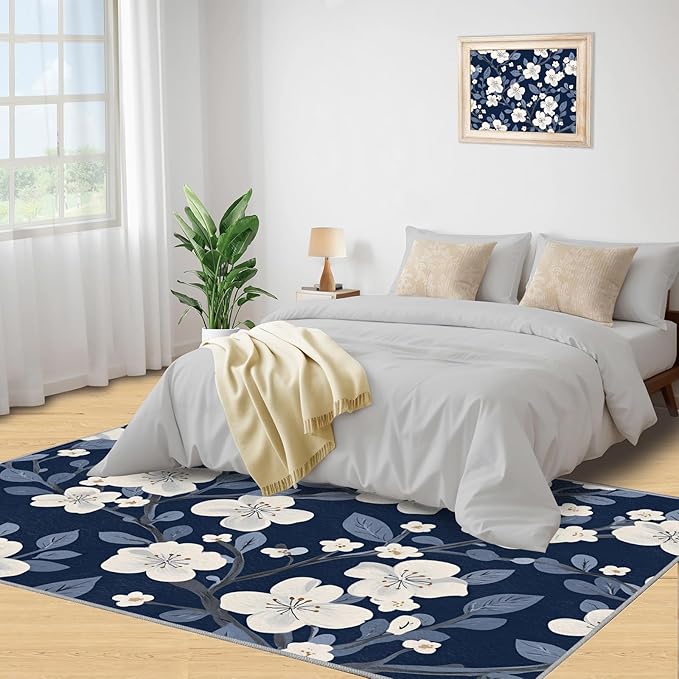 Boho Rugs for Bedroom - 3x4 Area Rug - Blue White Flowers Rugs for Living Room, Vintage Modern Flowers Rug, Washable Home Decor Carpet