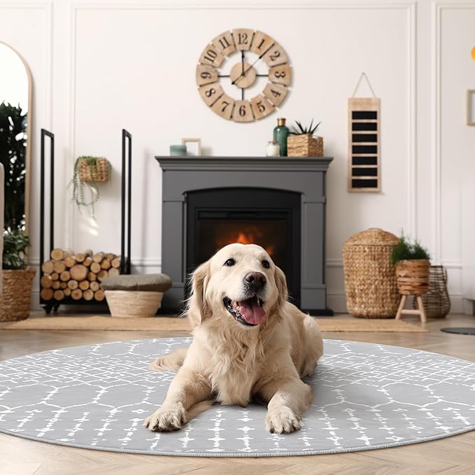 Lahome Moroccan Round Rugs 6Ft Washable Circle Area Rug for Living Room Grey Non-Slip Stain Resistant Dining Room Rug Large Circle Rug, Modern Geometric Print Indoor Round for Bedroom Entryway