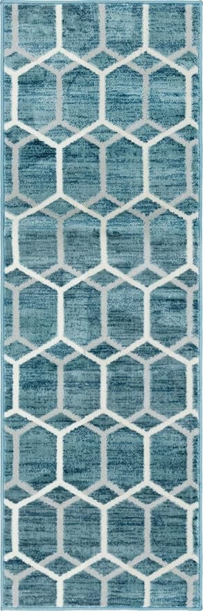 Rugs.com Lattice Trellis Collection Rug – 6 Ft Runner Blue Low-Pile Rug Perfect for Hallways, Entryways