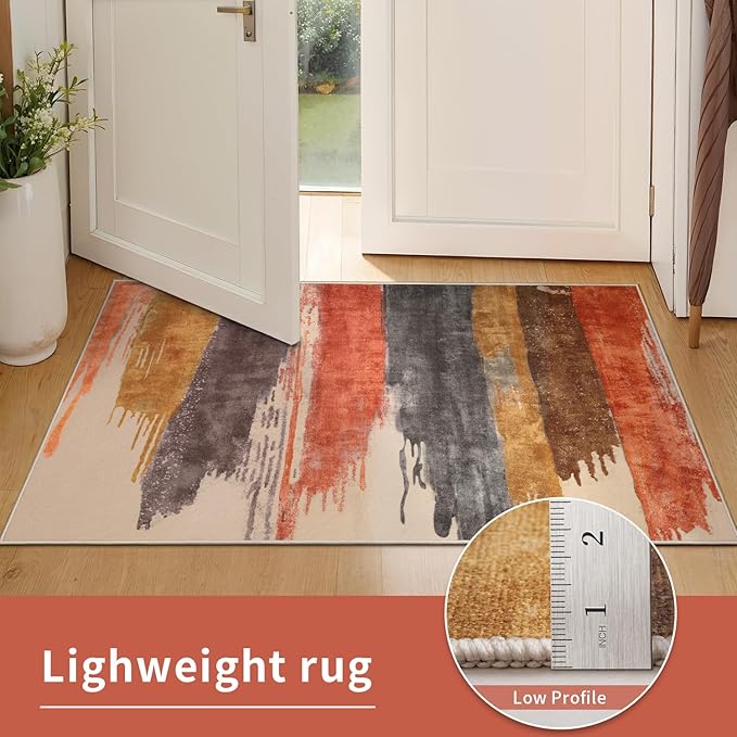 Ciicool 2x6 Washable Runner Rug, Modern Abstract Hallway Rug Runner, Non-Slip Thin Accent Rugs Lightweight Red Yellow Brown Print Distressed Carpet Runners for Laundry Entryway Bedroom Kitchen Indoor