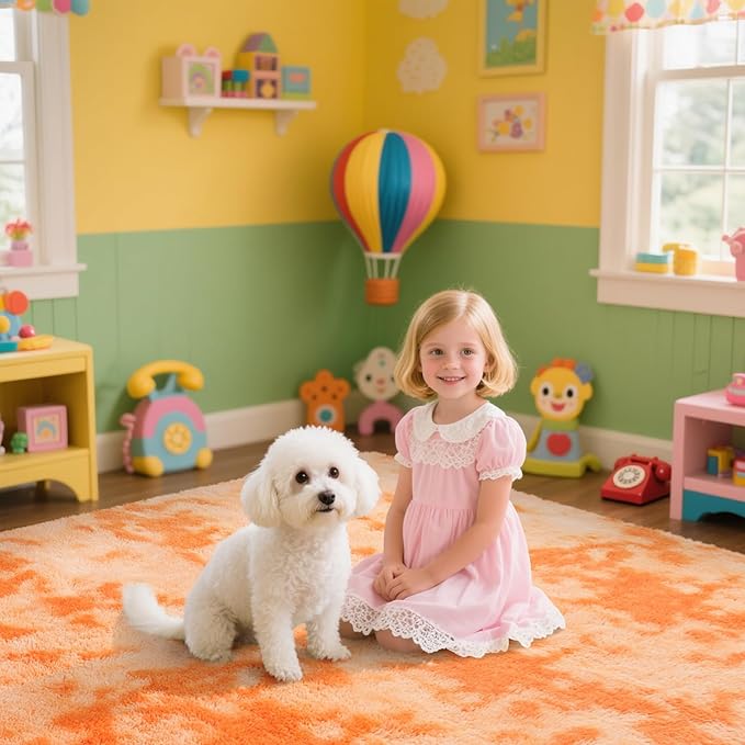 Mottling Orange Fluffy Rug Shaggy Area Rug, 5x8 Area Rugs for Girls Bedroom, Soft Cute Baby Play Mat, Indoor Floor Carpet for Teen, Nursery, Preppy Dorm, Plush Aesthetic Bedside Rug