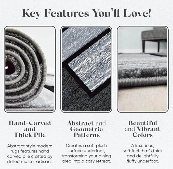 Area Rug Modern 2x7 Grey Black Squares Geometry Soft Hand Carved Contemporary Floor Carpet Fluffy Texture for Indoor Living Dining Room and Bedroom Area