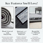 Area Rug Modern 2x7 Grey Black Squares Geometry Soft Hand Carved Contemporary Floor Carpet Fluffy Texture for Indoor Living Dining Room and Bedroom Area