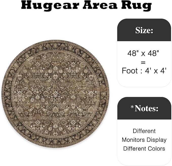HUGEAR Round Rug 4ft Entryway Rugs Machine Washable Brown Hallway Area Rug 4x4 Small Circle Accent Rug Floral Low Pile Carpet Soft Throw Rug Living Room Office Laundry Room Entrance Non Slip