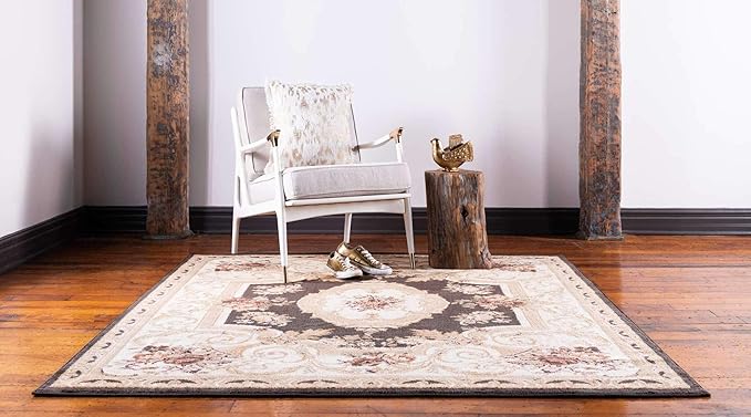 Unique Loom Versailles Collection Traditional Classic Floral Motif Area Rug (10' 0 x 10' 0 Square, Brown/ Ivory)