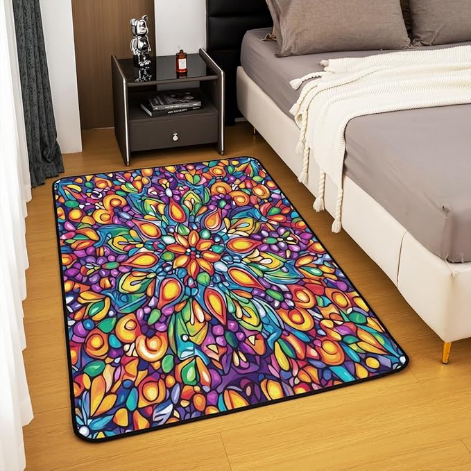 Vintage Mandala Area Rug 3x5 Bohemian Style Watercolor Flowers Rugs for Living Room | Boho Floral Washable Rug, Victorian Decor Antique Damask Carpet Indoor Floor Mat
