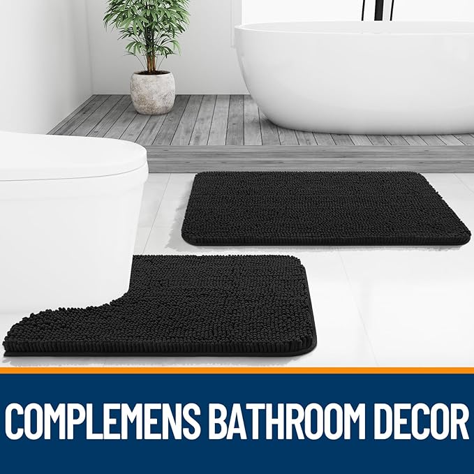 OLANLY Bathroom Rugs 47x20, Extra Soft Absorbent Chenille Bath Rugs, Rubber Backing Quick Dry, Machine Washable Bath Mats for Bathroom Floor, Tub and Shower, Home Decor Accessories, Black