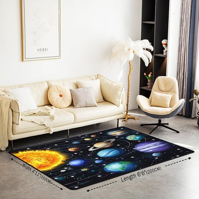 Planet Large Area Rug 5x7 Solar System Outer Space Living Room Rug | Universe Galaxy Rugs for Bedroom, Cosmic Earth Star Carpet Indoor Floor Mat