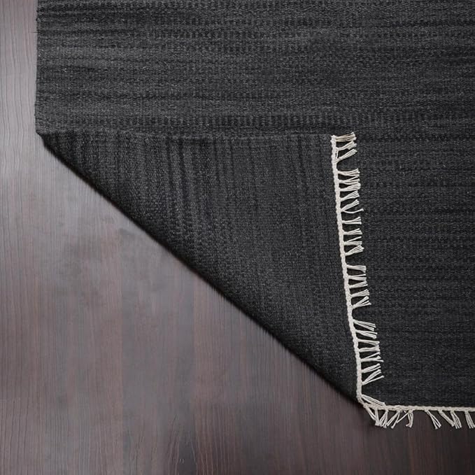 Rugsotic Carpets Hand Woven Flat Weave Kilim Wool ECO-Friendly Area Rugs - 9'x12', Rectangle Shape, Charcoal Color, Solid Plain Design, Low Pile Handmade Rugs for Living Room, Bed Room (D00111)