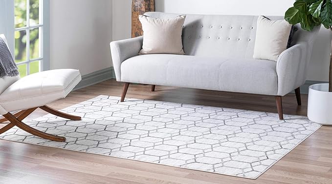 Rugs.com Lattice Trellis Collection Rug – 6' x 9' White Low-Pile Rug Perfect for Living Rooms, Large Dining Rooms, Open Floorplans