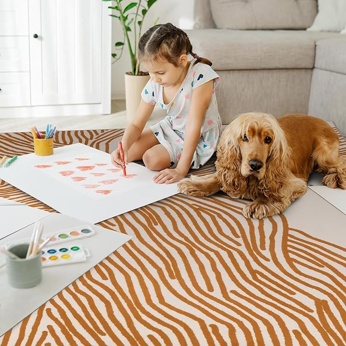 YIHOUSE Orange Rug for Living Room, 8×10 Modern Abstract Area Rug, Geometric Contemporary Wave Striped Rugs for Playroom Nursery, Washable Nonslip Large Rug for Bedroom Dining Room