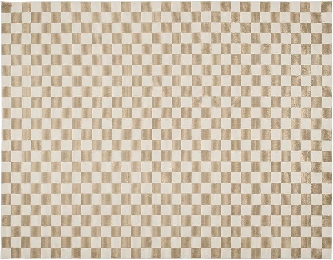 Revival Rugs Gambit 7'10"x10' Checkered Rug Washable Area Rug for Living Room Bedroom - 100% Recycled Oeko-TEX Certified, Medium Pile, Camel, Beige