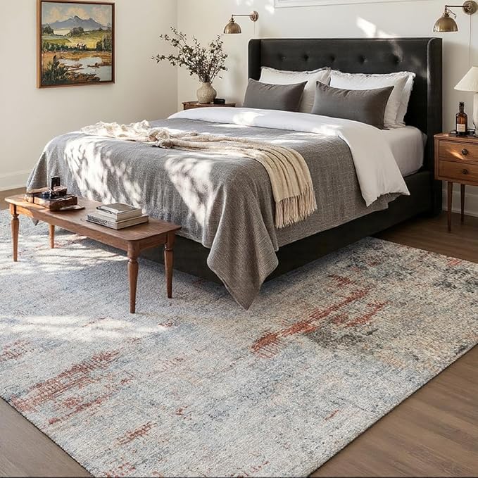 Area Rug 9x12 Washable Rug Grey and Brown for Living Room, Dining Room, Bedroom, Large Carpets, Non Slip & Non-Shedding Low Pile Vintage Print Rug for Home Office Decor