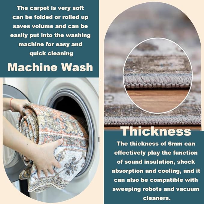 Washable Area Rug 5'x7' for Living Room Retro Beige Blue Boho Chic Medallion Distressed Design Indoor Non-Slip Large Persian Oriental Accent Throw Rug for Kitchen Bedroom Office Carpet