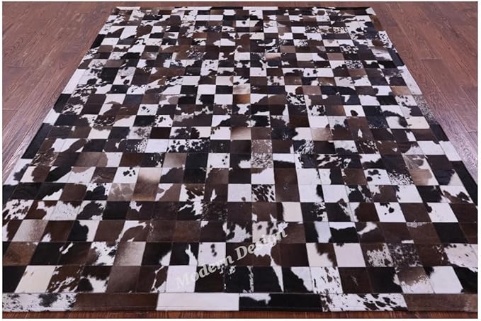 Modern Design Premium Cowhide Leather Carpet with Chevron Pattern, Area Rug (Brown/White-1, 3x14)