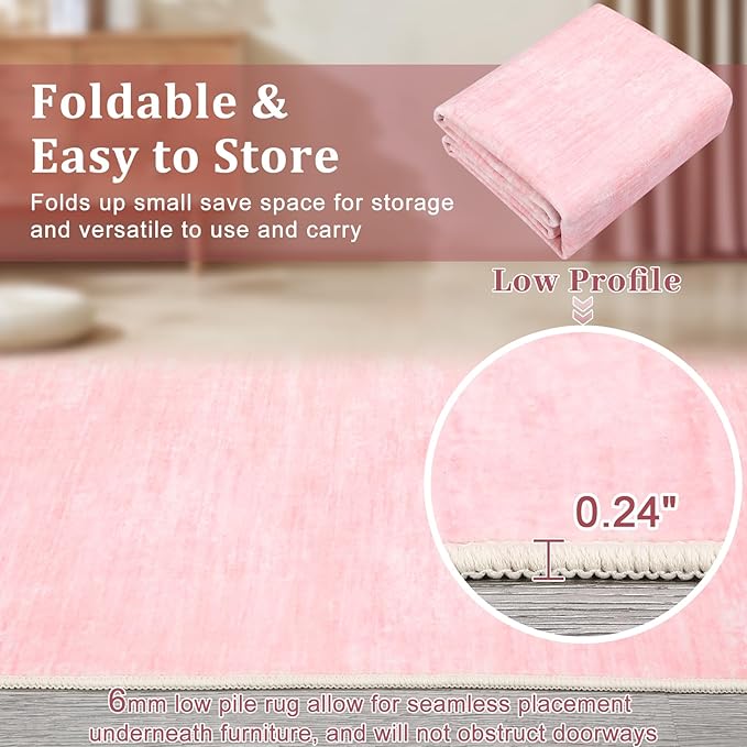 Garvee 5x7 Kids Room Rugs Washable Bedroom Rug Non Slip Stain Resistant Solid Color Rug Non Shedding Low Pile Carpet Foldable Minimalist Mats for Living Room, Dining Room, Pink