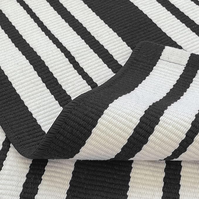 KOZYFLY Black and White Striped Doormat 2x3 Ft Small Area Rug Cotton Front Porch Rug Washable Outdoor Rug Farmhouse Layered Front Door Mat for Front Door Entryway Patio Porch