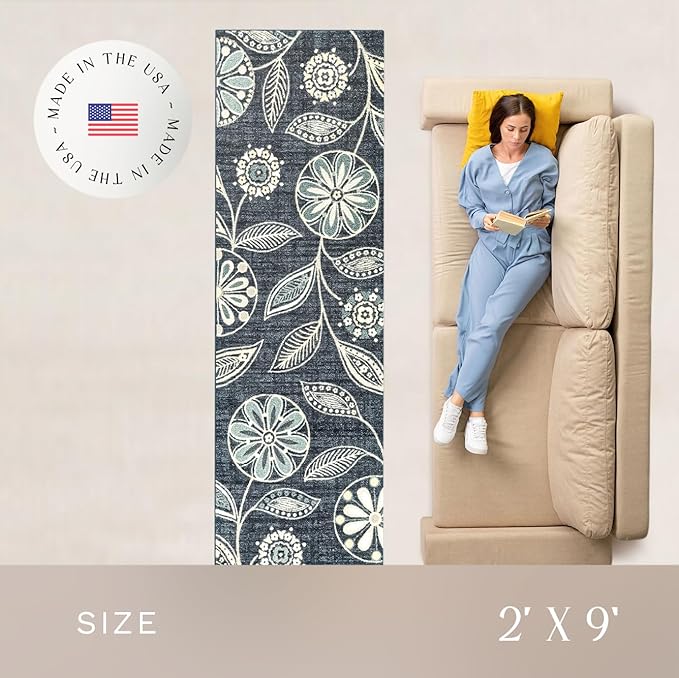 Maples Rugs Reggie Floral Runner Rug - Made in USA - Washable, Non Slip Indoor Carpet for Kitchen, Hallway, and Laundry Room, 2' x 9', Persian Blue