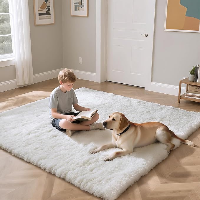 Fluffy Rug Shaggy Area Rug, White 4x6 Area Rugs for Bedroom, Small Bedside Rug, Soft Fluffy Shaggy Entryway Throw Rugs for Living Room Bedroom Kids Room Home Decor
