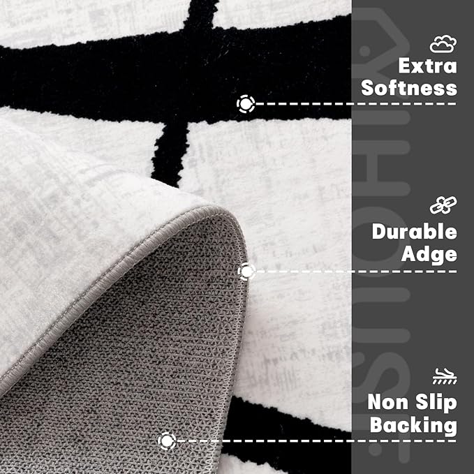YIHOUSE 6'x9' Black and White Rug- Washable Area Rug for Living Room Bedroom, Large Modern Non-Slip Ultra-Thin Rug Home Decor,Curve,6x9ft