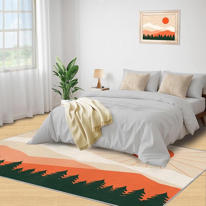 Boho Sun Area Rugs 6x8ft, Minimalist Mountain Living Room Area Rug, Abstraction Deco Play Rug with Carpet Tape Double Sided for Bedroom Office Home Decor