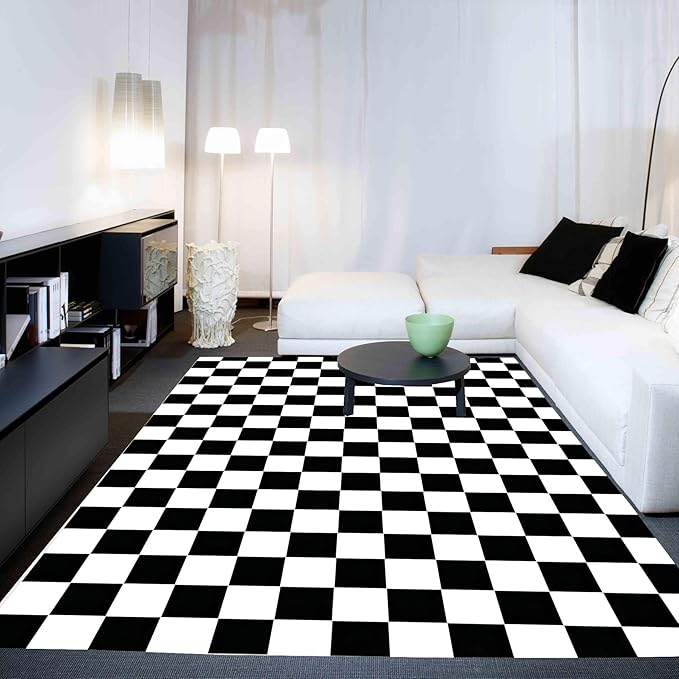 Checkered Rug 5x7 Large Washable Black and White Checkered Rug Modern Ultra Soft and Low-Pile Non-Slip Bedroom Carpet for Dining Room Living Room Home Decor (Black and White, 5x7ft)