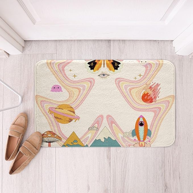 Groovy Butterfly Bath Mat for Girls Trippy Hippie Mushroom Non Slip Bath Rugs Cute Pastel Rainbow Super Cozy Bathroom Rug 16x24 Cartoon Rocket Planets Bathroom Accessories Minimalism Snow Mountain Rug