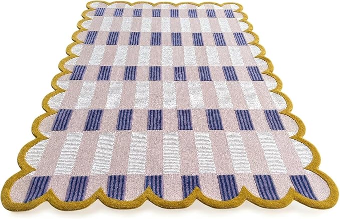Hand-Tufted Wool Rug with Scalloped Edges, Light Blue Plaid Pattern, Cozy Soft Area Rug for Living Room, Bedroom, and Nursery, Handmade Modern Accent Rug (Pink, 12X18 FEET)