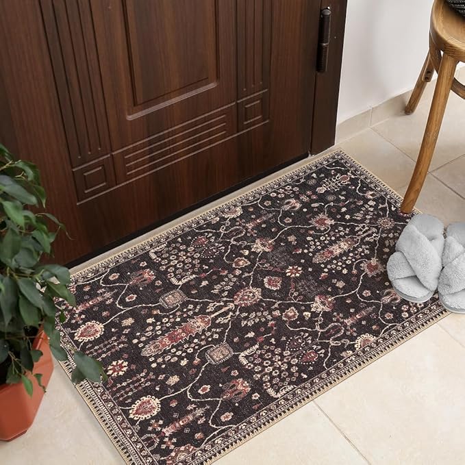 GLN Rugs Traditional Collection - Machine Washable Area Rug, Traditional Washable, Non Slip, Low Pile Chenille Rug, Living Room, Bedroom, Kitchen Rug (2' x 3' Black)
