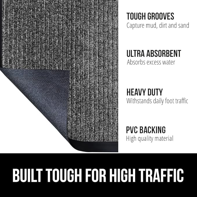 GORILLA GRIP Waterproof Traffic Guard Door Mat, 72x48, Heavy Duty Entryway Mats, Strong Rubber Back Commercial Utility Rugs for Office Hallway, Garage Floor and Home, Low Profile Carpet, Light Gray