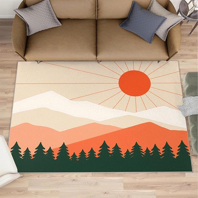 Boho Sun Area Rugs 4x5ft, Minimalist Mountain Kids Play Rug, Abstraction Deco Throw Rugs Bedroom Fluffie Soft for Coffee Shop Living Room Under Table Game Room