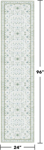 Washable Oushak 2x8 Bathroom Runner Rug - Vintage Turkish Floral 8ft Long Low Pile Non Slip Runners for Kitchen, Hallway - Cream Blue and Green