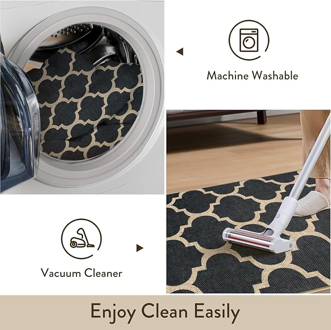Lahome Moroccan Easy Jute Runner Rug 2x6, Black Washable Runner Rugs for Outdoor Porch Kitchen, Geometric Trellis Woven Long Carpet for Laundry, Thin Non Slip Farmhouse Porch Decor
