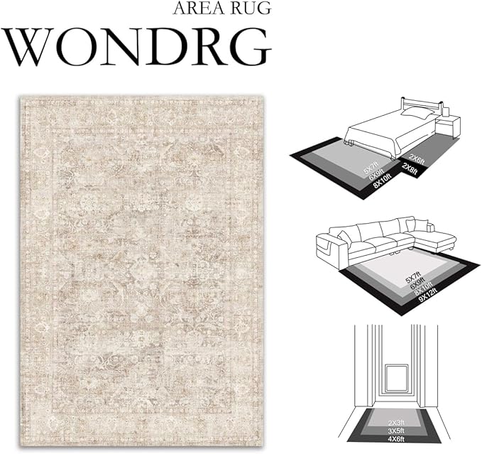 5x7 Beige Washable Area Rug for Living Room Bedroom Neutral Soft Non Slip Rug Low Pile Vintage Distressed Carpet for Dining Room Nursery Office Indoor