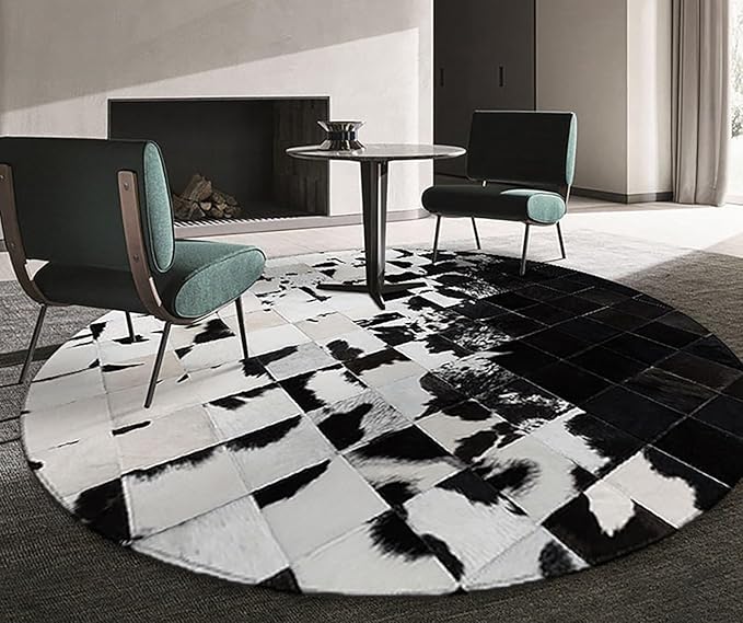 Cowhide Round Leather Rug 10x10 ft – Genuine Hair-On Hide Patchwork Area Rug for Living Room, Bedroom, Kids Playroom, Lounge & Western Home Decor