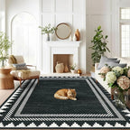 Modern Low Pile Non Slip 5x7 Machine Washable Living Room Area Rug Foldable Modern Geometric Soft Floor Carpet Geometric Bordered Stain Resistant Indoor Rug with Rubber Back, Black
