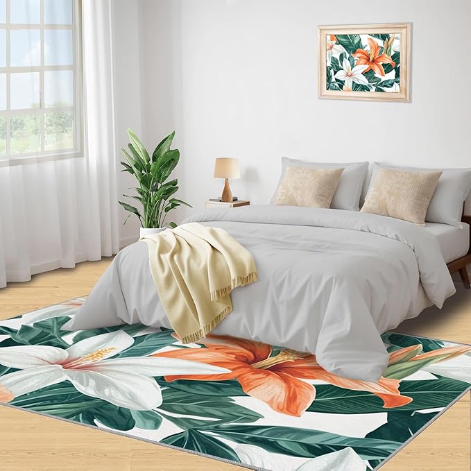 Lily Flowers Rugs for Bedroom - 3x4 Area Rug - Abstract 3D Flowers Rugs for Living Room, Tropical Plants Rug, Washable Home Decor Carpet
