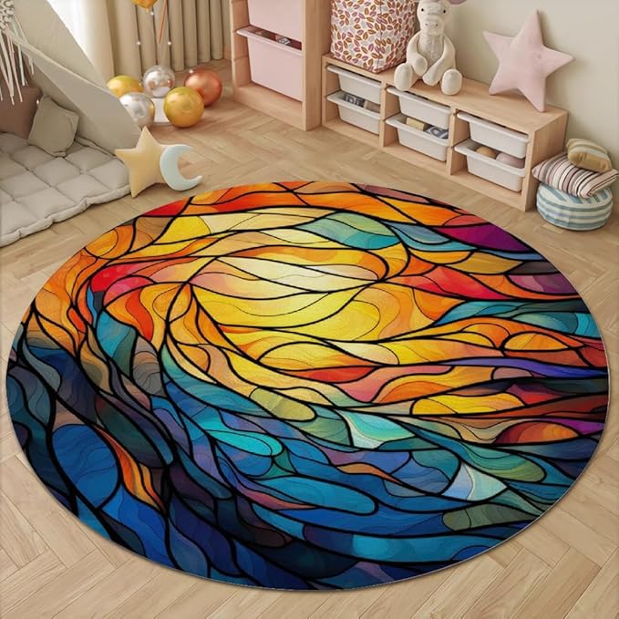 Abstract Colorful Pattern Round Rug Vintage Church Glass Area Rug Washable Soft Non-Slip Floor Carpet Low Pile Accent Rugs for Entryway Living Room Dining Room Bedroom Home Office 7ft
