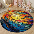 Abstract Colorful Pattern Round Rug Vintage Church Glass Area Rug Washable Soft Non-Slip Floor Carpet Low Pile Accent Rugs for Entryway Living Room Dining Room Bedroom Home Office 7ft