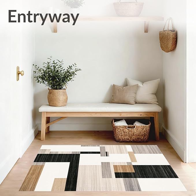 Flatwoven High Traffic Area Rug 8x10, Dark Beige Geometry and Dirt Trapper Design, Non Slip, Stain Resistant, Washable Area Rugs for Living Room, Bedroom (Beige, 8x10)