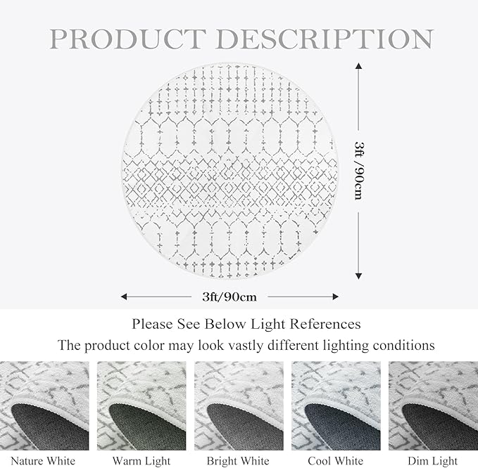 Lahome Moroccan Round Area Rug - 3Ft Round Rug Non-Slip Washable Soft Round Bathroom White Throw Small Circle Rug for Bedroom, Modern Geometric Print Low-Pile Round Rugs for Entryway Kitchen Sofa