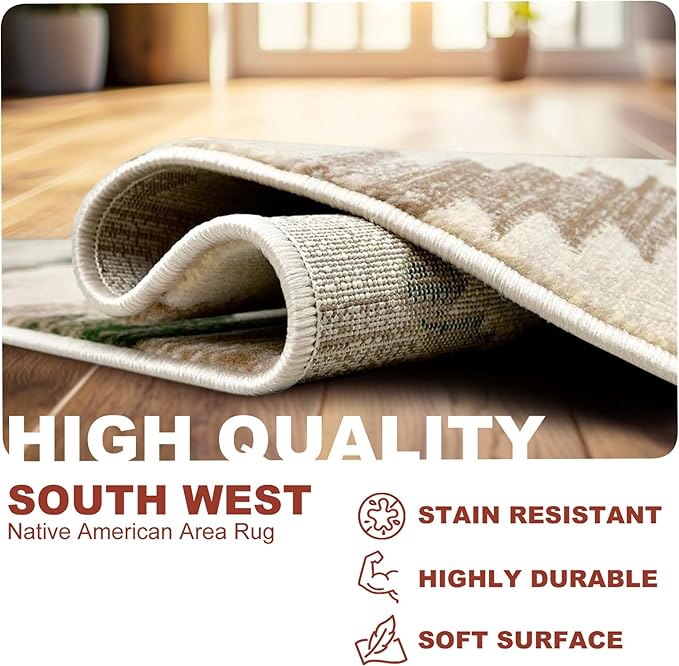 YHSF South West Native American Rug Ritz – Native Tribal American Indian Inspired Rug - Living Room, Bedroom, Hallway, Entryway & High-Traffic Area Rugs - Washable - Soft - Olive, 5 Feet x 7 Feet
