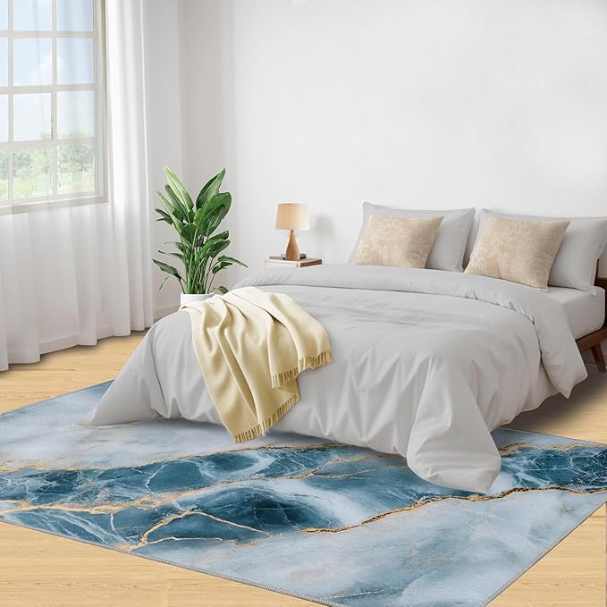 6x9 Abstract Marble Living Room Rug - Blue-White-Marble Bedroom Carpet, Luxury Stone Pattern Classroom Rug for Carpet Boy Bedroom Office Nursery Hardwood Home Decor