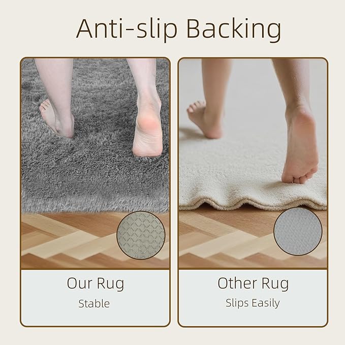 6x9 Solid Fluffy Grey Area Rug – Washable, Durable, Large Living Room Rug, Non-Slip High Pile Shag Rugs for Bedroom, Bedside, Dorms, Nursery Rooms, Kids Room, Soft Indoor Floor Carpet Decor