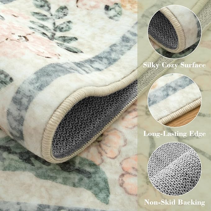 Wonnitar Boho Floral Washable Rugs 5x7, Soft Area Rugs for Bedroom, Ultra-Thin Non Slip Beige Area Carpets, Flower Print Decor Carpet for Living Room Nursery Dining Room Office